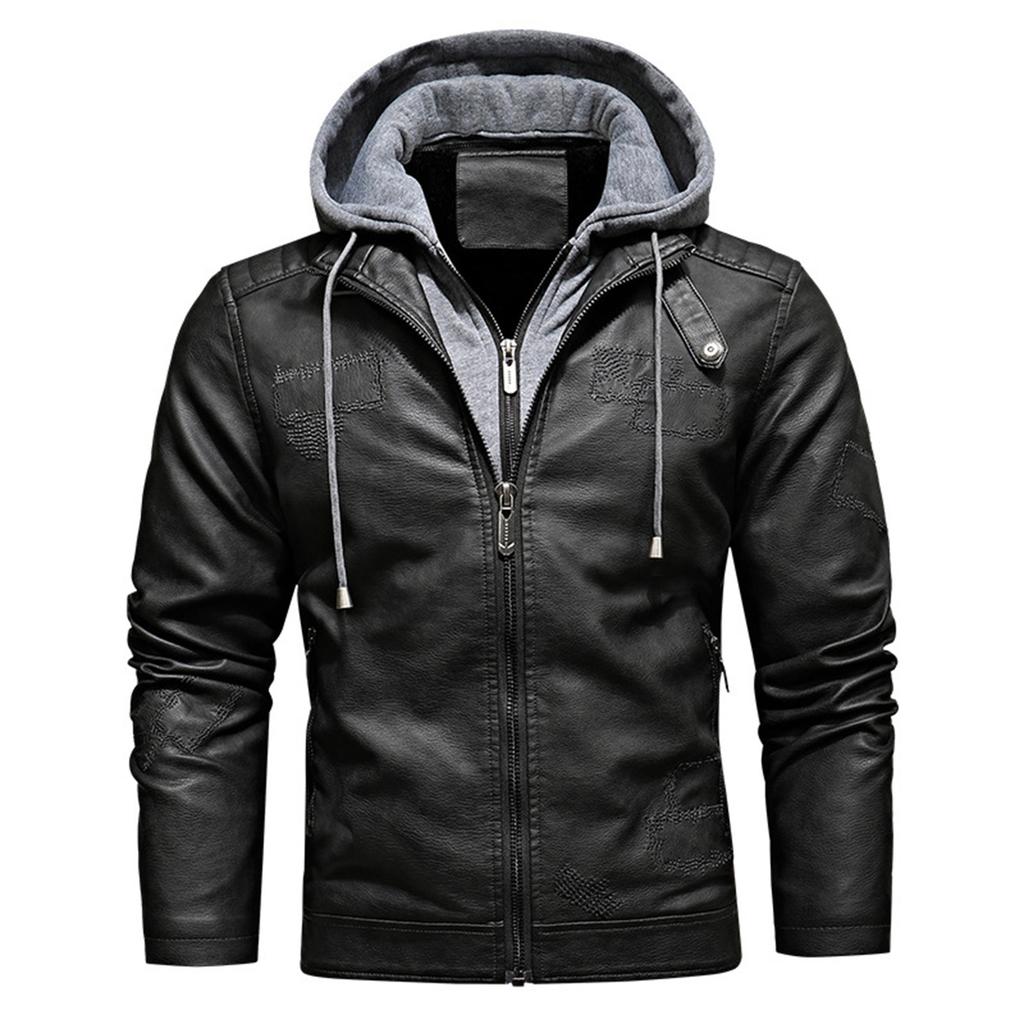 Men's Fake Two-Piece Leather Jacket Removable Hooded Fleece Fashion Casual Coat
