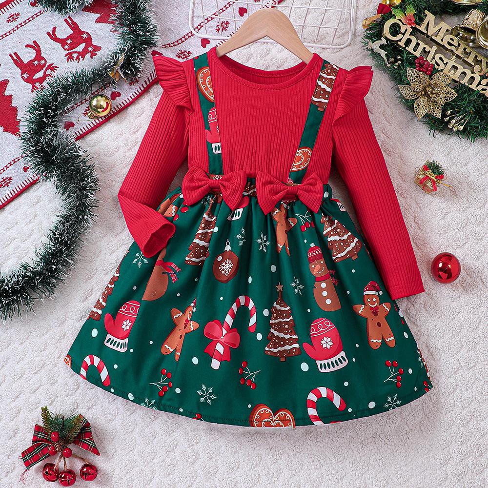 Girls Festive Style Dress Applique Detail Long Sleeve Christmas Party Dress Soft Polyester Blend Toddler Dresses Layering Outfit