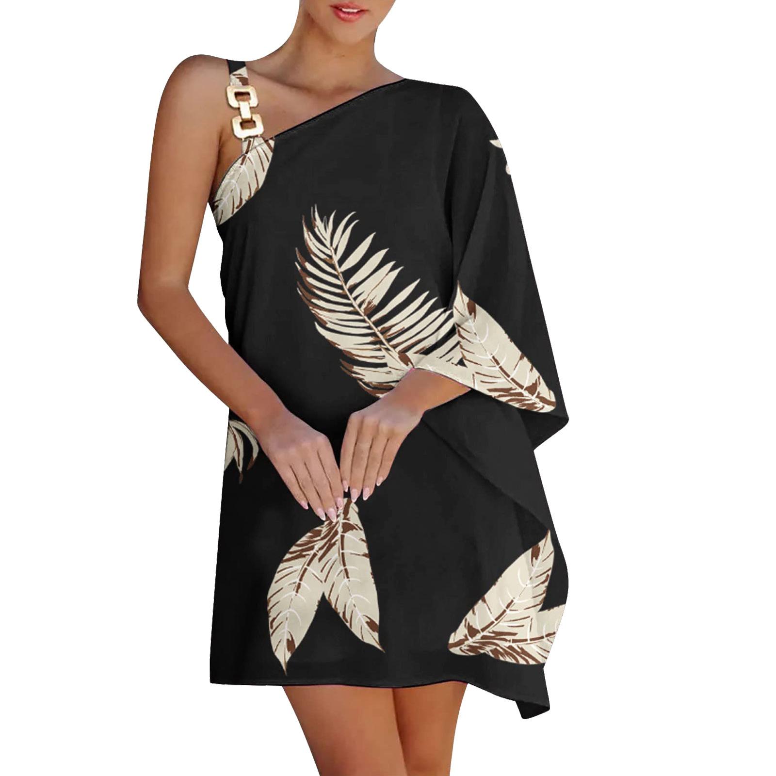 Wish Ladies Printed Chain Strap Half Off-Shoulder Dress S