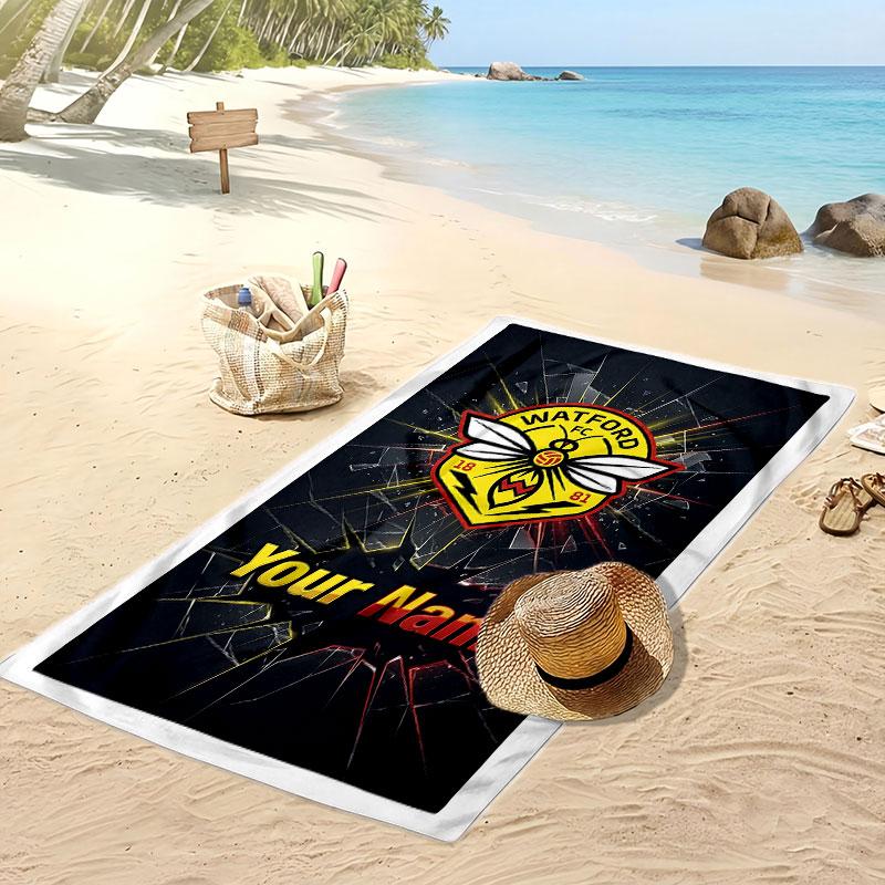 Watford FC Personalized Printed Beach Towel Soccer Logo Support Custom Name Text Absorbent Towel For Sport Travel Special Gift