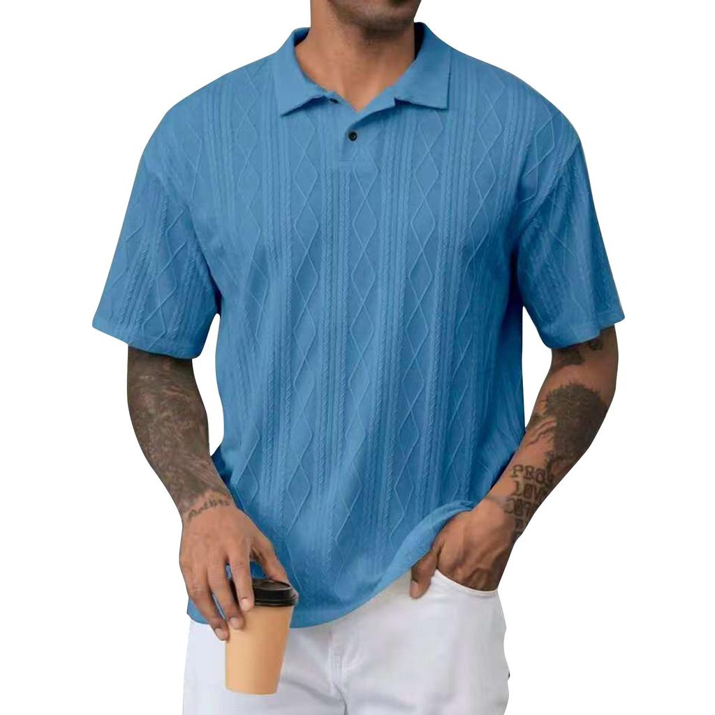 Men's Summer Solid Color Knitted Textured Button Collar Loose Short Sleeve Top
