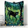 Enchanted Forest Black Cat Flannel Blanket, Magical Woodland Art Throw, Soft Cozy for Cat Lover Home Decor, Warm Sofa Couch Gift