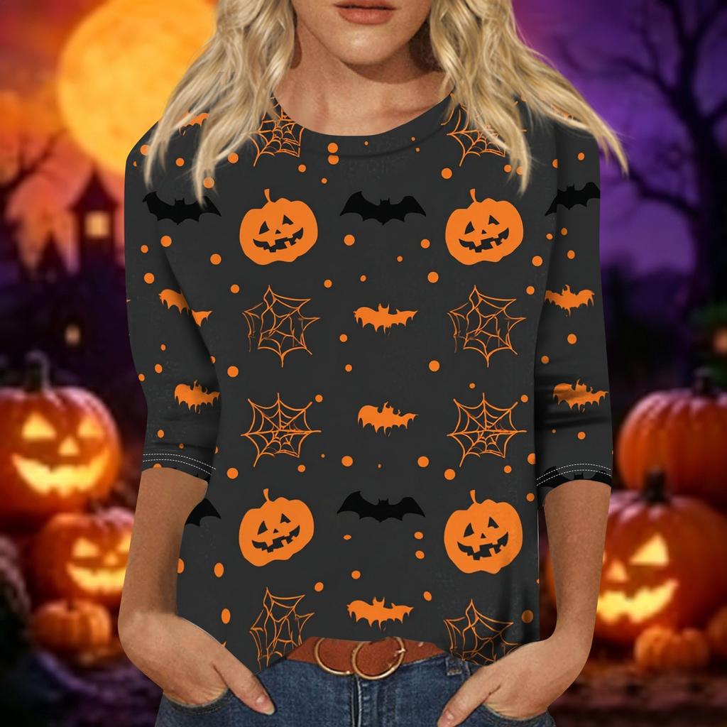 Women's Casual Halloween Print Top Three Quarter Sleeve Round Neck Pullover Shirt Lightweight Comfortable Fit for Everyday Wear