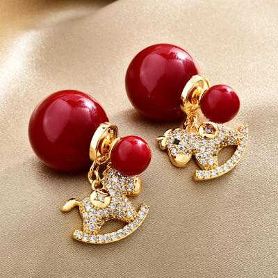 2026 Festive Red Pearl Stud Earrings Zircon Rocking Horse Front-to-Back Drop Earrings for Women