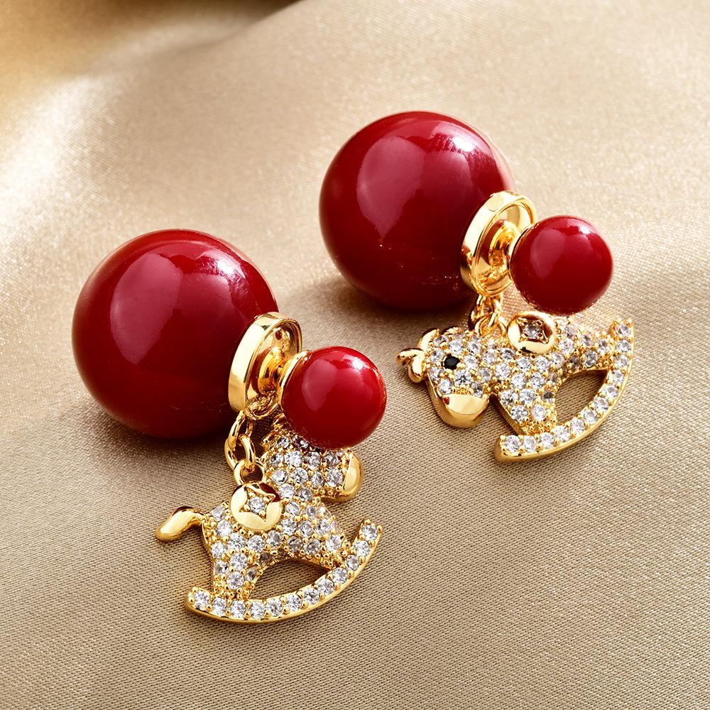 2026 Festive Red Pearl Stud Earrings Zircon Rocking Horse Front-to-Back Drop Earrings for Women