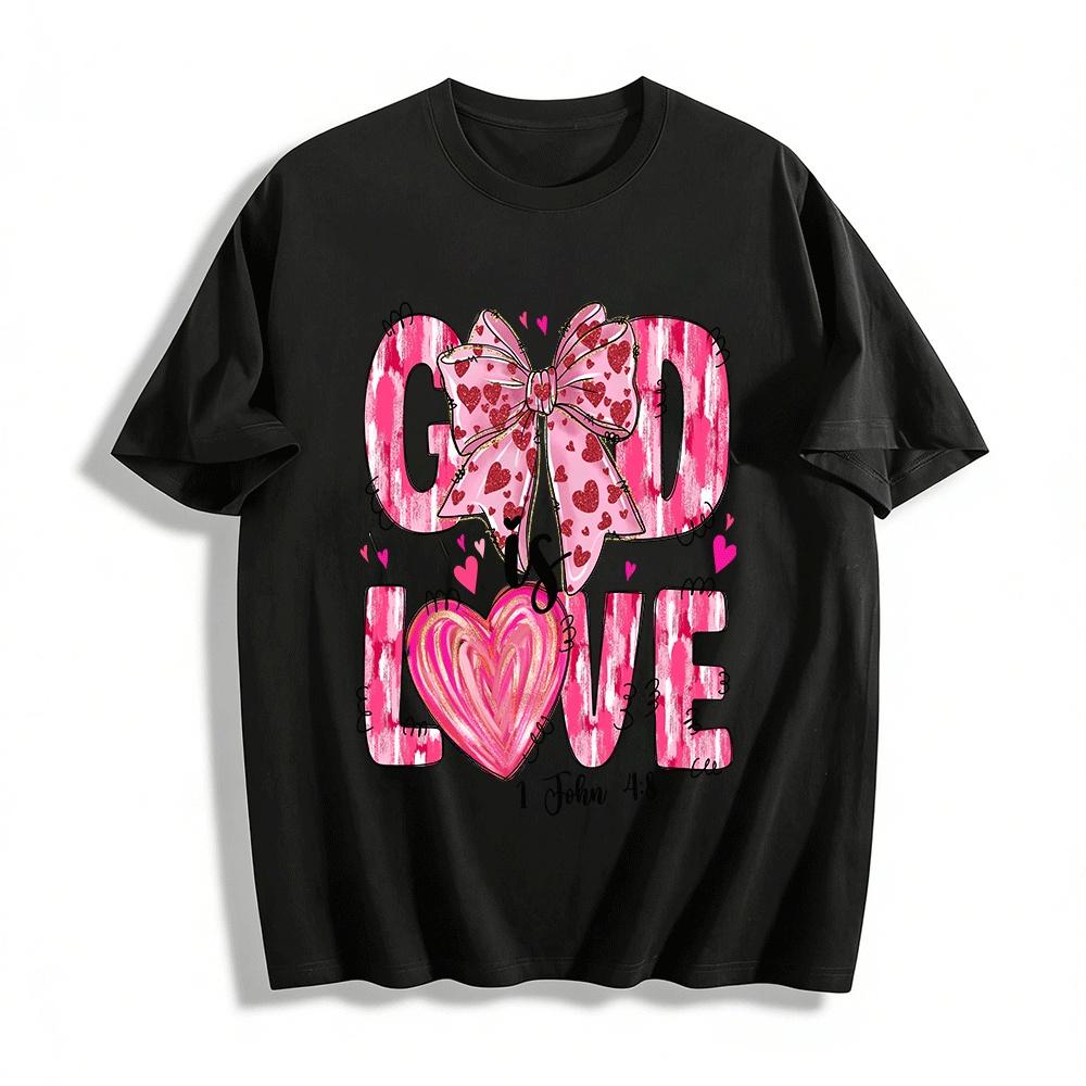 God Is Love Heart Bow Print Casual Top For Valentine s Day Pure cotton T-shirt XXS