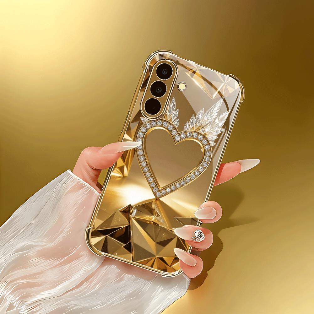 Skleněné pouzdro na telefon se vzorem zlatého křídla ve tvaru srdce vhodné pro Samsung Galaxy S26 S25 S24 S22 S21 S20 FE/Ultra/Plus proti pádu