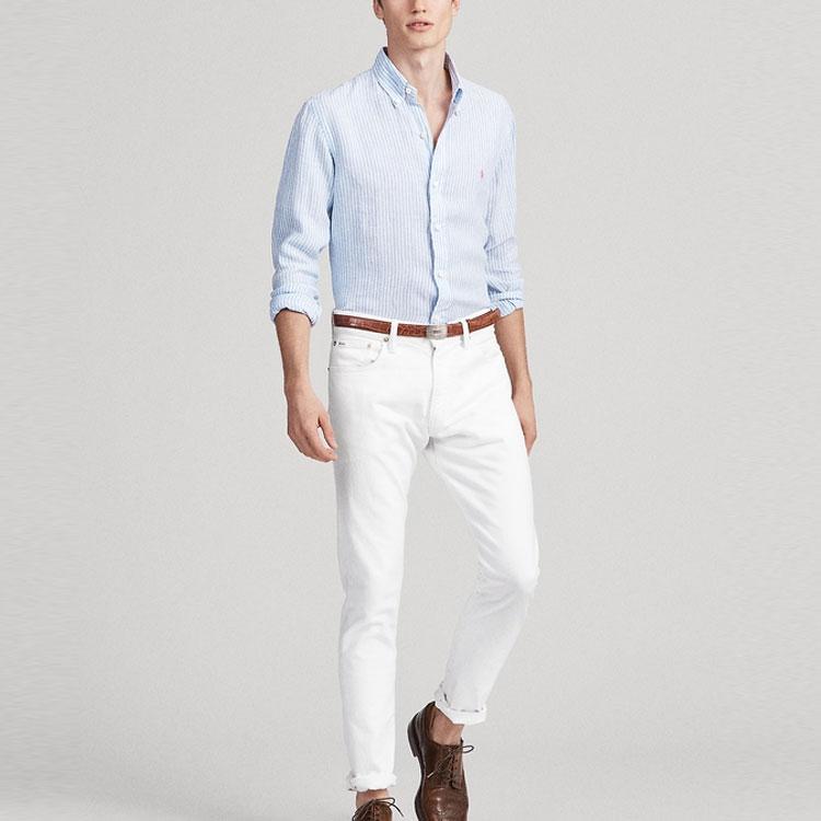 Polo Ralph Lauren Ss22 Striped Polo Collar Single-Breasted Long Sleeve Shirt Men shirts Light-Blue MNPOWOV16810525-B35
