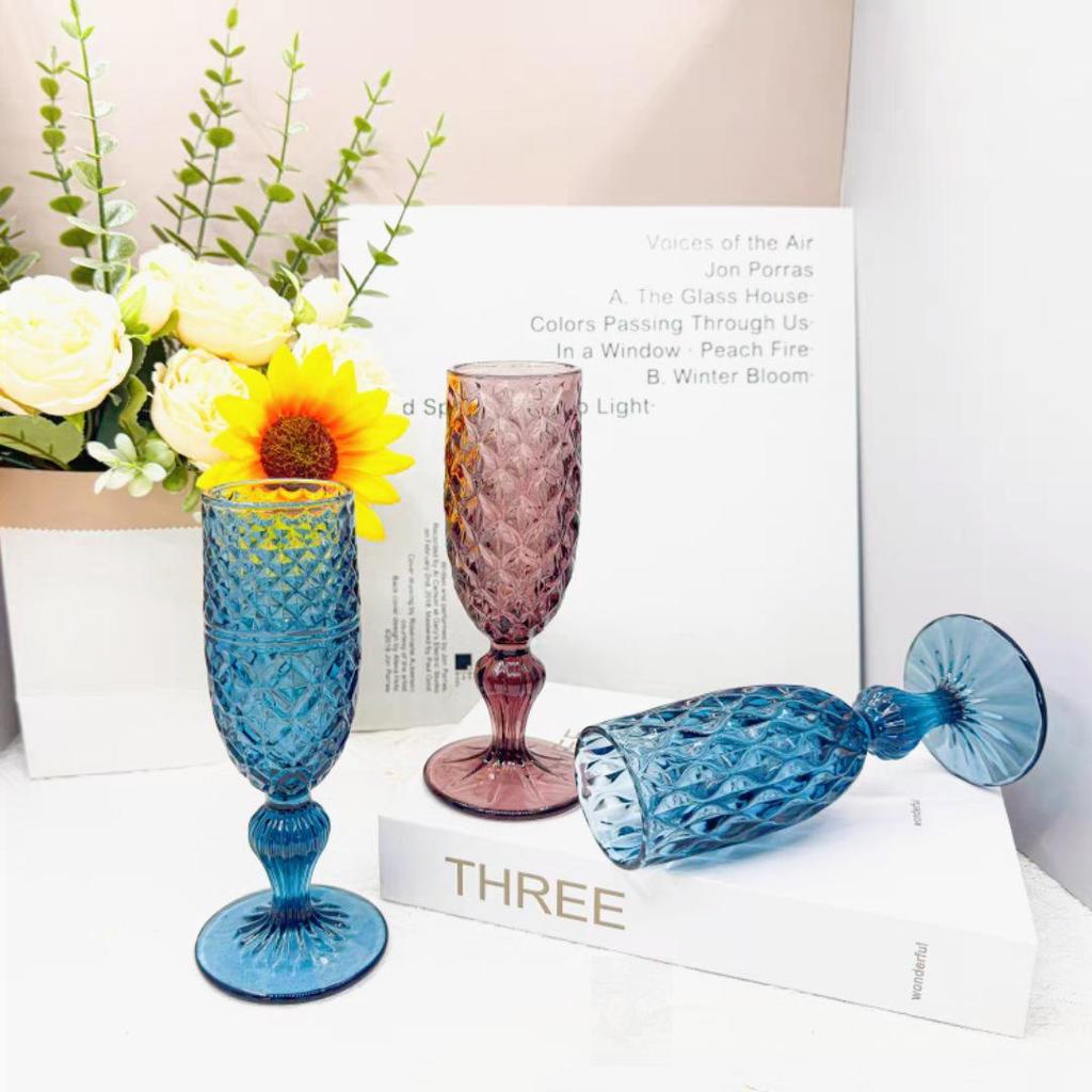 Vintage Embossed Colored Glass Goblet – Luxury Thickened Bubble Wine Glass
