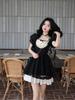 French princess dress square neck black high waist dress women's summer new