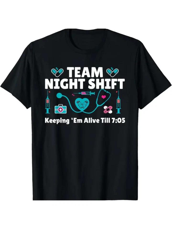 Cotton Unisex Night Shift CNA Graphic T-Shirt | Casual Crew Neck Tee with M