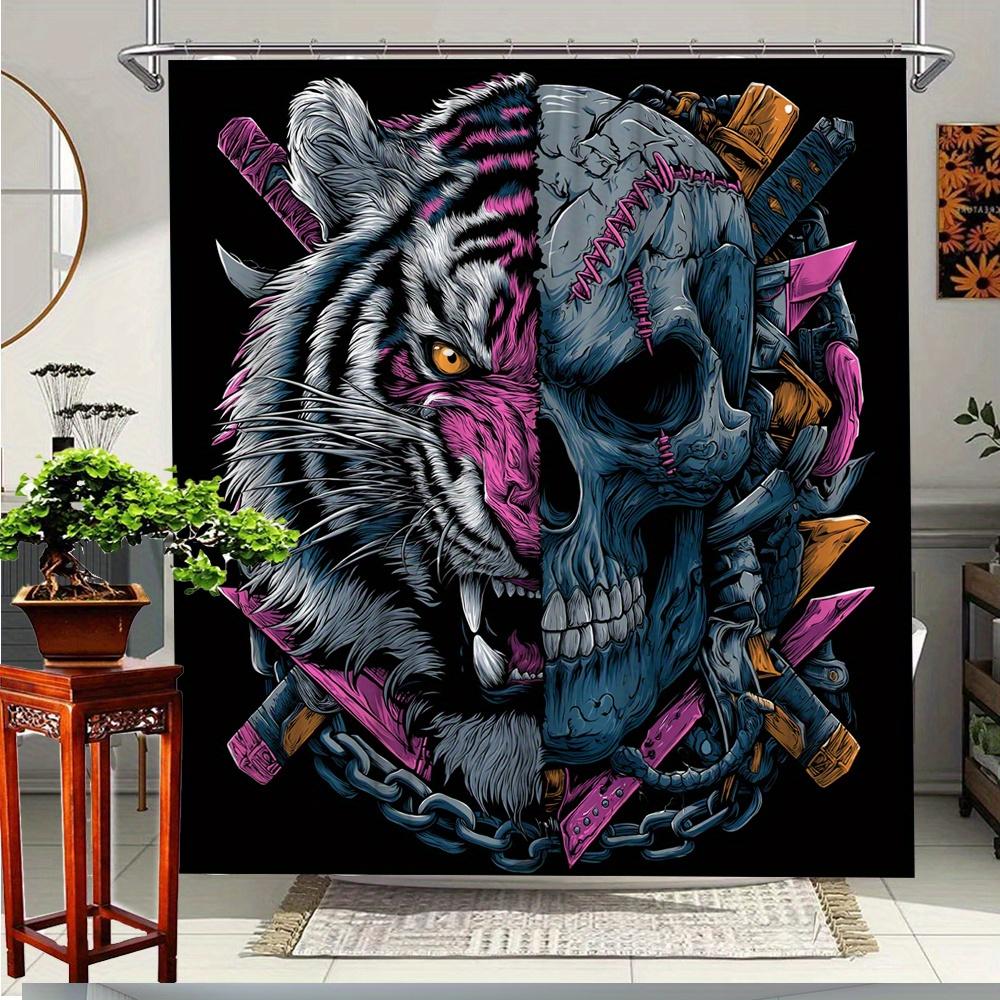 

1Pc Halloween Tiger Skull Shower Curtain - Gothic Bathroom Decor With Chains, Swords, Pink/Blue/Purple/Black Tiger Head W60H190(CM)-1 Pcs