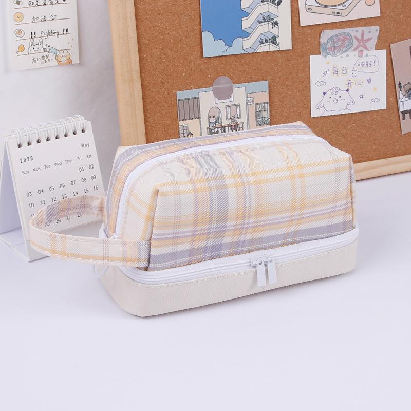 Large-capacity Double-layer Pencil Case Japanese Canvas Student Girl Heart Lattice Plaid Pencil Case Cute Bow Gifts for Girls