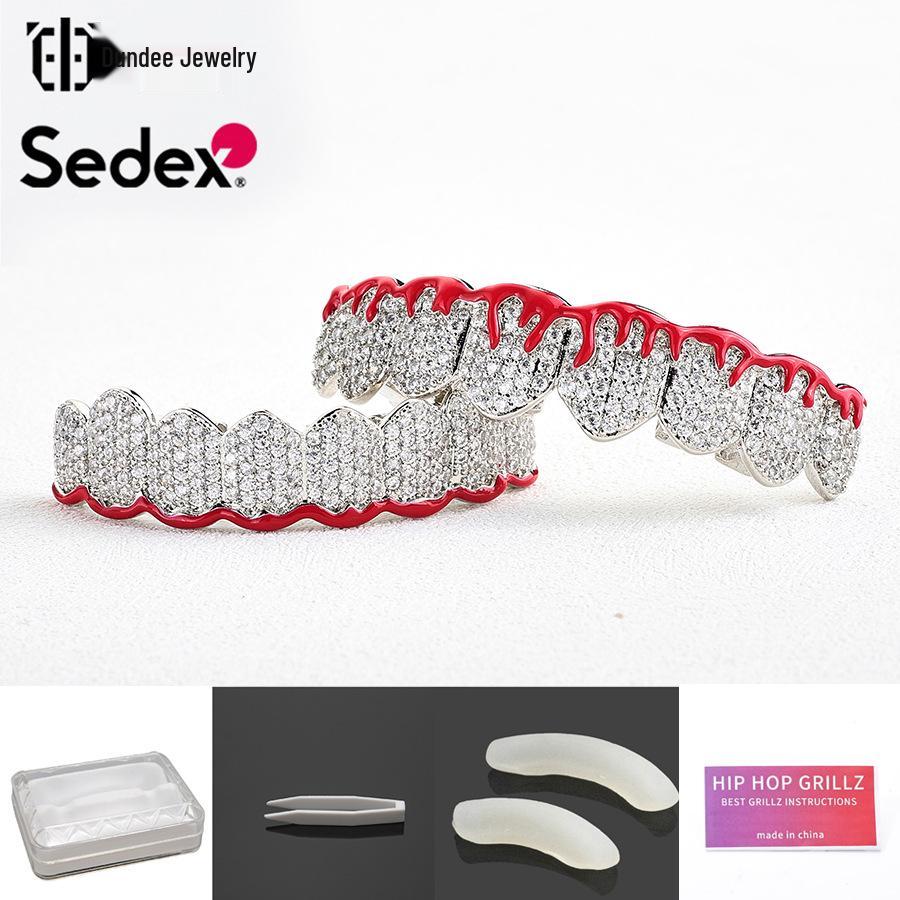 Grillz din Cupru Placat cu Aur Real de 14K și Zirconiu – Halloween Hip Hop Exagerat Rap Bijuterii pentru Dinți cu Diamante