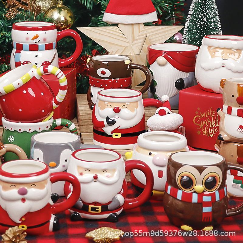 Latest Popular Santa Claus Cup Ceramic Cup Gift Box with Cartoon 3D Hand Drawn Gift Creative Mug Christmas Holiday Gift