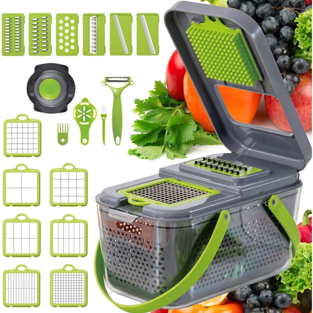 22-in-1 Manueller Gemüseschneider, Edelstahl/ABS, mit Griff, Grün/Grau, Küchenhelfer