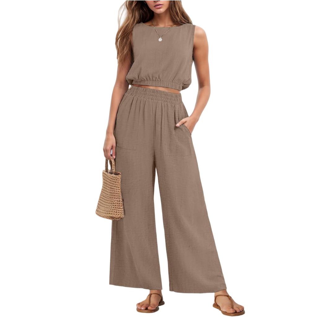 Damenmode Lässiges Ärmelloses Tanktop Mit Elastischem Saum Und High Waist Weiter Bein Zweiteiliges Set