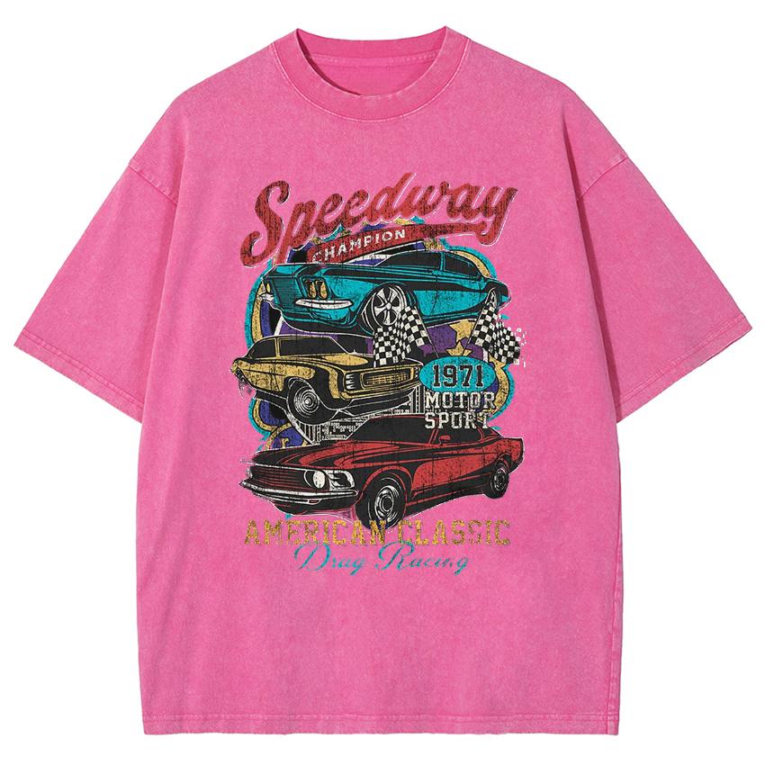 Vintage Racing Print Women's T-Shirt Washed Denim Summer Loose Short Sleeve Harajuku Distressed Top Tees