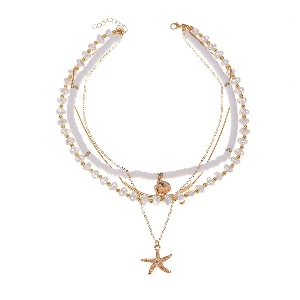 European & American Beach Style Starfish & Seashell Pendant Layered Necklace with Imitation Pearl Beads for Women