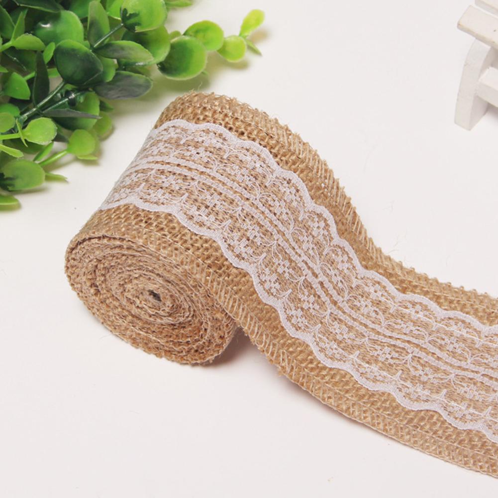 Jute Cloth Roll with White Lace Craft for Home Decoration Packaging 2M/Roll