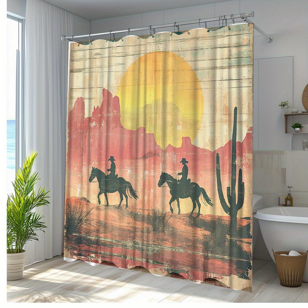 1Pc Western Sunset Cowboy Landscape Shower Curtain - Polyester Fabric Bathroom Decor With 12 Hooks, 70.8X70.8 Inches, Vibrant