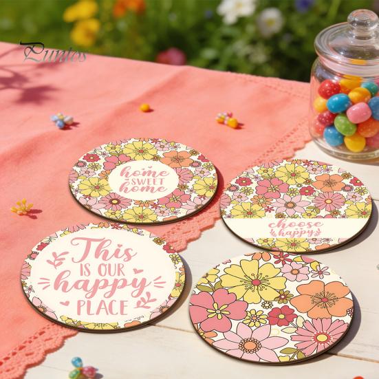 Easter Table Decor 4PCS Flower Coasters Set, Thick Cork Base Non-Slip Heat Resistant Drink Cute Animal Print Coasters, Floral Decorative for