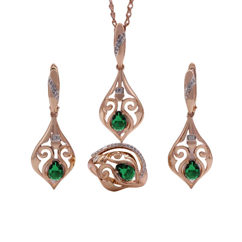 PATAYA Classical Rose Gold Color Green Light Blue Artificial Zircon Earring Ring Pendant  Necklace Combination Set