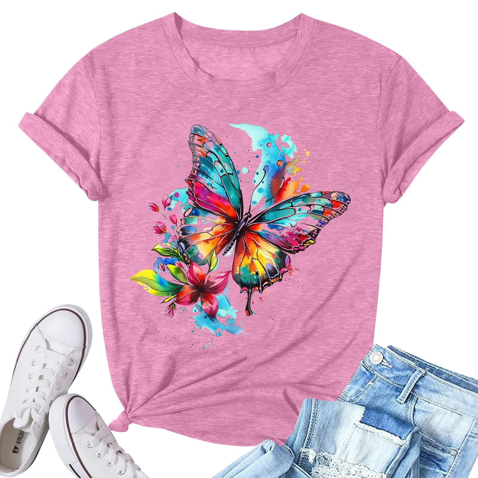 Women s Fashion Printed Casual Pleated Round Short Sleeve T-Shirt Top S розовый