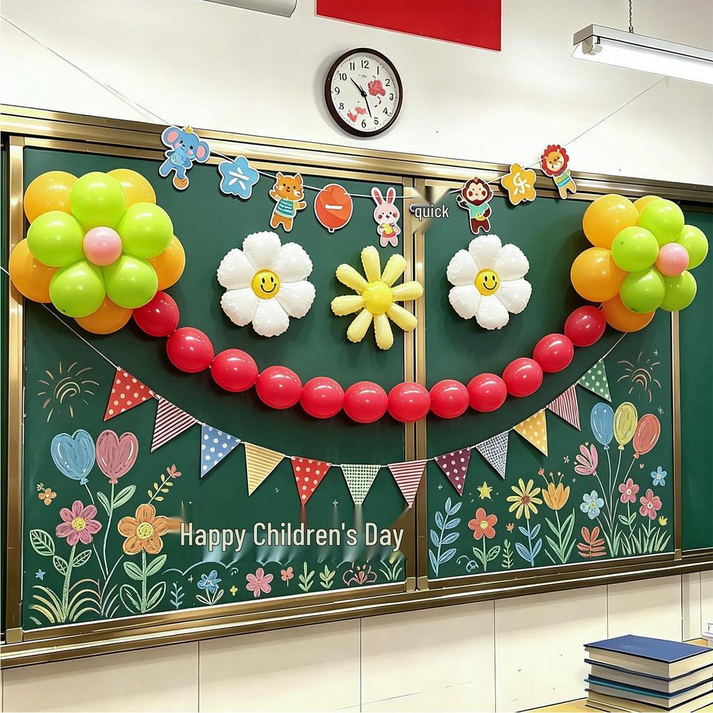 Children's Day Classroom Decorations: Blackboard, Flowers, Balloons, Flag Banners for Kindergarten Atmosphere and Photo Setup