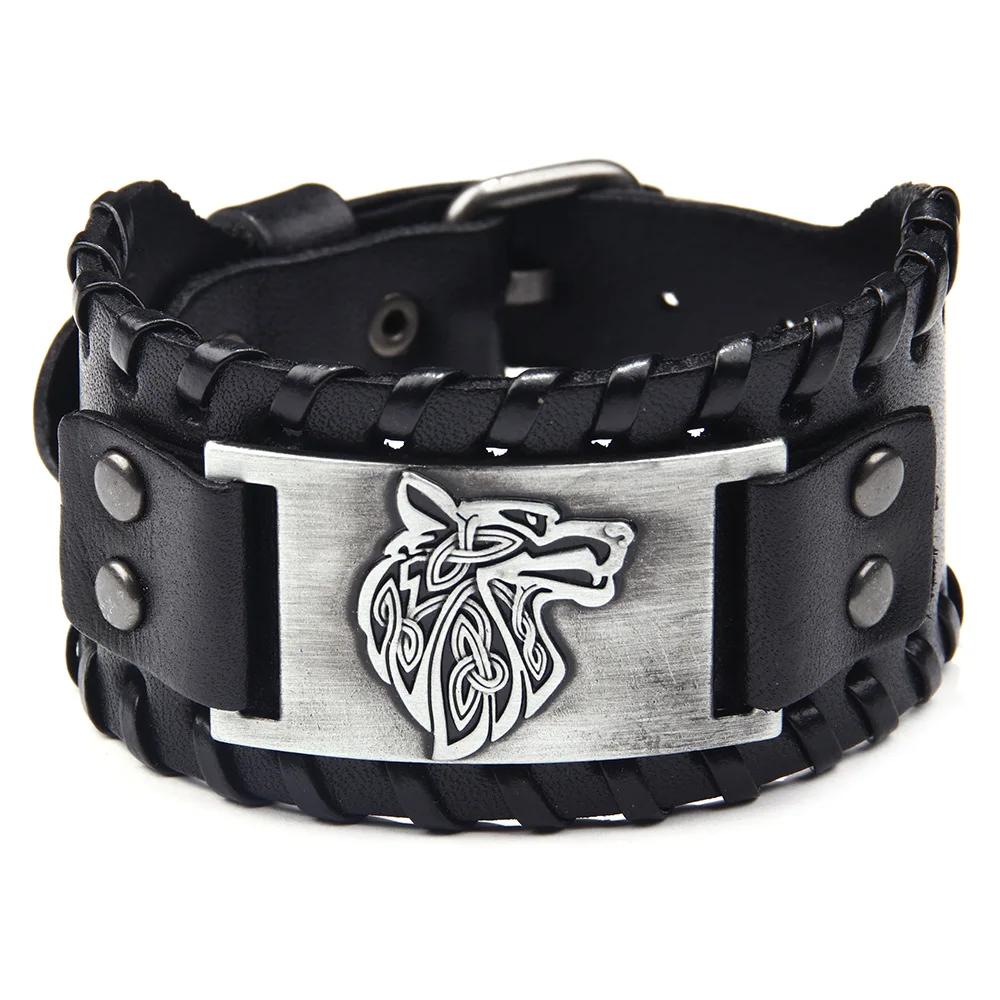Punk Men Wide Bangle Accessory Wolf Head Charm Bracelet Leather Weave Adjustable Wristband Friendship Jewelry