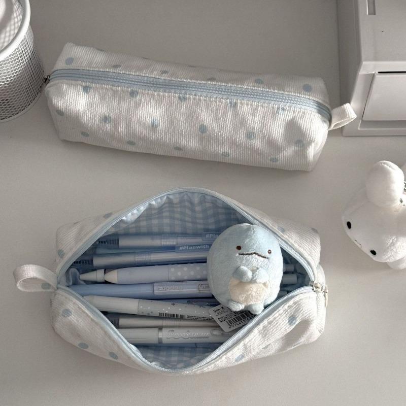 Cute Cream Blue Polka Dot Handheld Pencil Case For Students