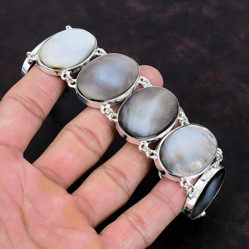 Schwarzes Perlmutt-Armband, handgefertigter Schmuck, 925er Sterlingsilber-Armband, echter Edelstein-Schmuck, verstellbares Kettenarmband, Geschenk für Freundin