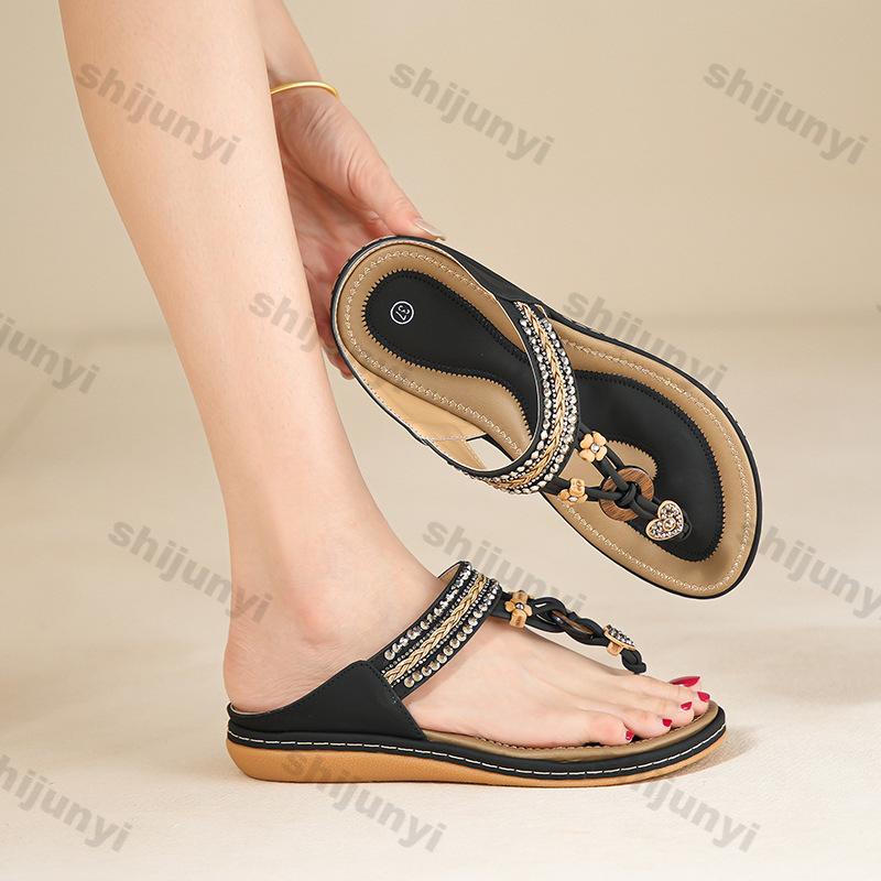 Large Size Women's Flip Flops Summer Lightweight Comfortable Flat Cool Slippers Casual Fashion Rhinestone Soft Sole Beach Shoes