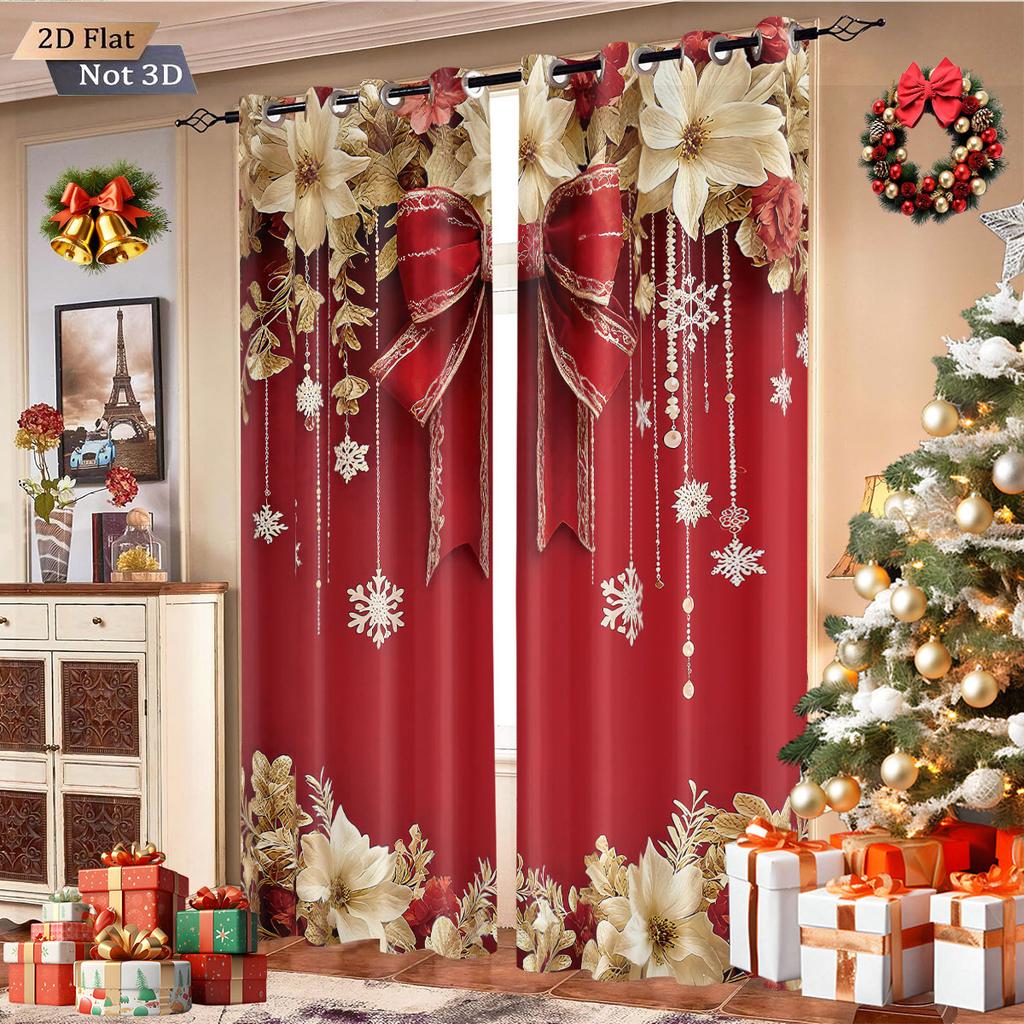 2pcs Christmas ball bow red printed blackout curtains multiple size living room insulation holiday decoration   machine washable