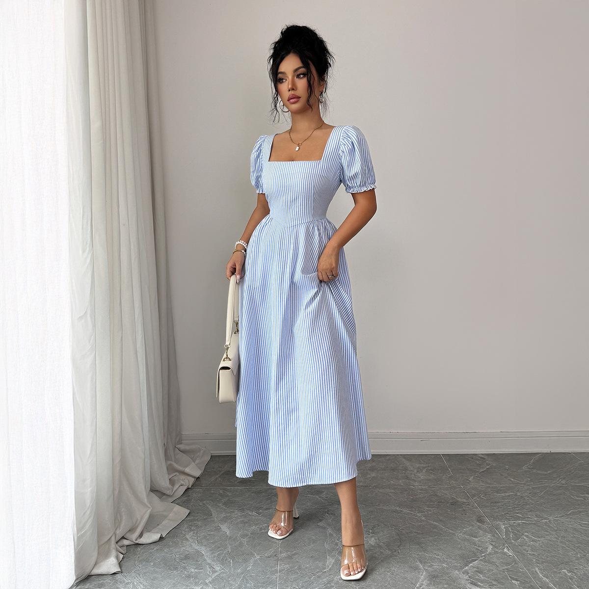 Elegant European-Style Puff Sleeve Striped Dress - Women s Spring/Summer 2026 Collection Large небесно-голубой