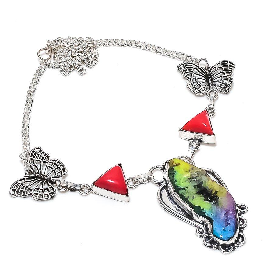 Natural Rainbow Solar Quartz, Coral 925 Sterling Silver Necklace 18" D2j58