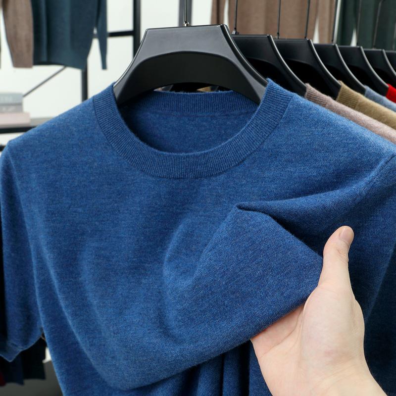 Men's High-Quality Short-Sleeved Knitted Wool Sweater for Spring/Summer