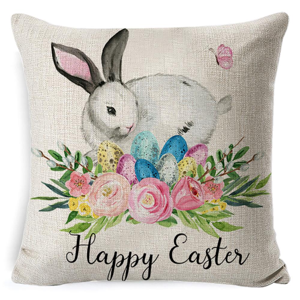 Cartoon Easter Pillow Cover Linen Watercolor Bunny Egg Home Sofa Cushion Cover