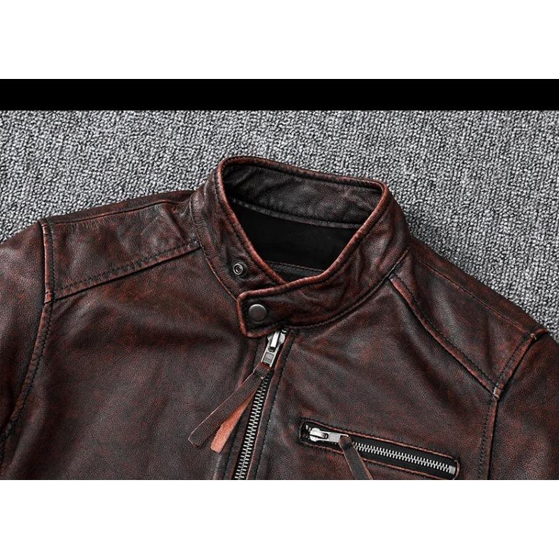 Chinesische Größe Vintage braun Mantel klassische Biker Stil kurze schlanke echte Lederjacke Männer Casual Ledermantel Herbst