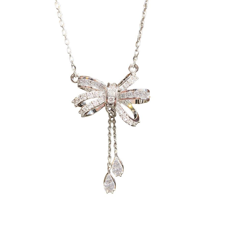 

Full Zircon Bow Tassel Necklace - Silver Plated Titanium Steel Ribbon Pendant Collarbone Chain for Women