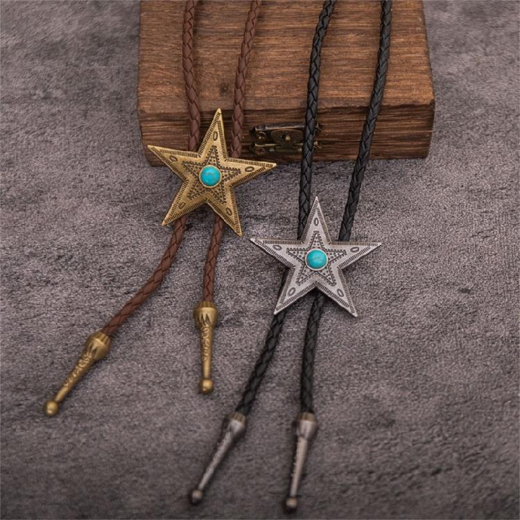 Classical Braided Leather Cord Bolo Tie with Metal Star Turquoises Pendant Western Vintage Necktie Shirt Collar Necklace
