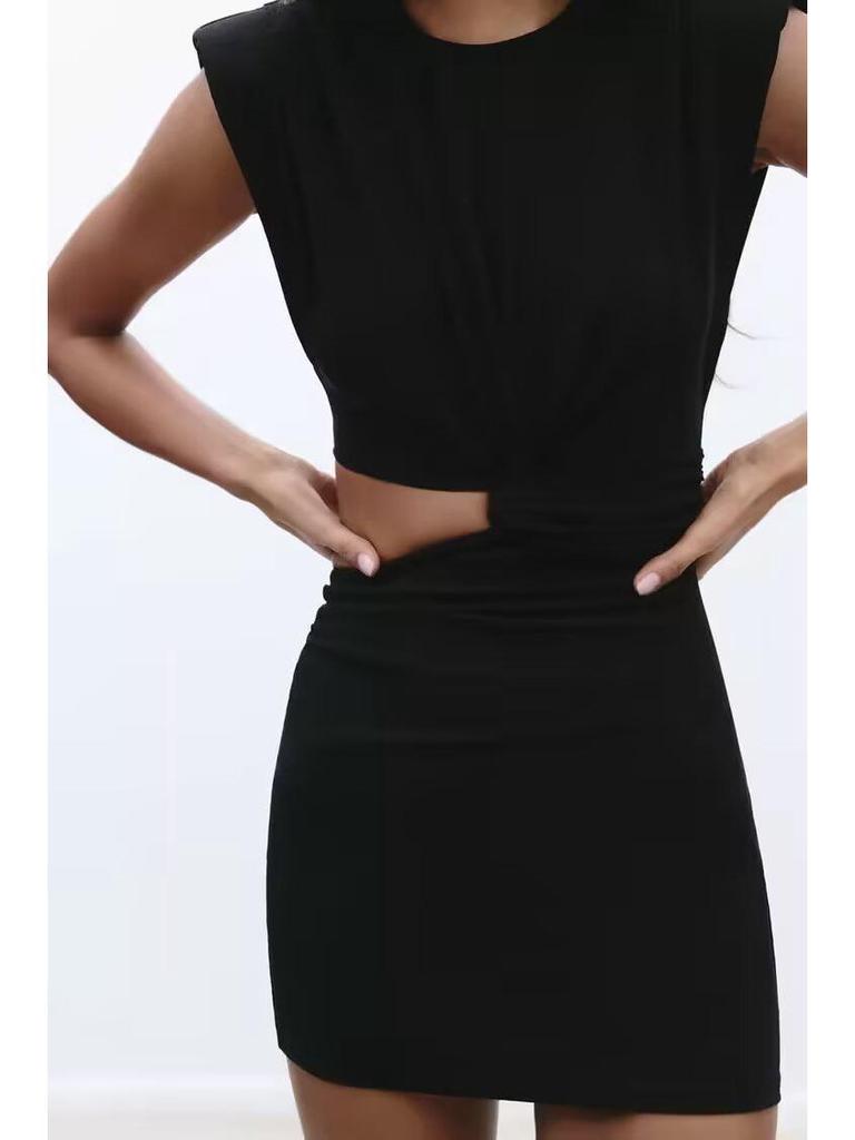 2025 Summer Sleeveless Slim Fit Mini Dress with Round Neck and Waist Cutout for Women