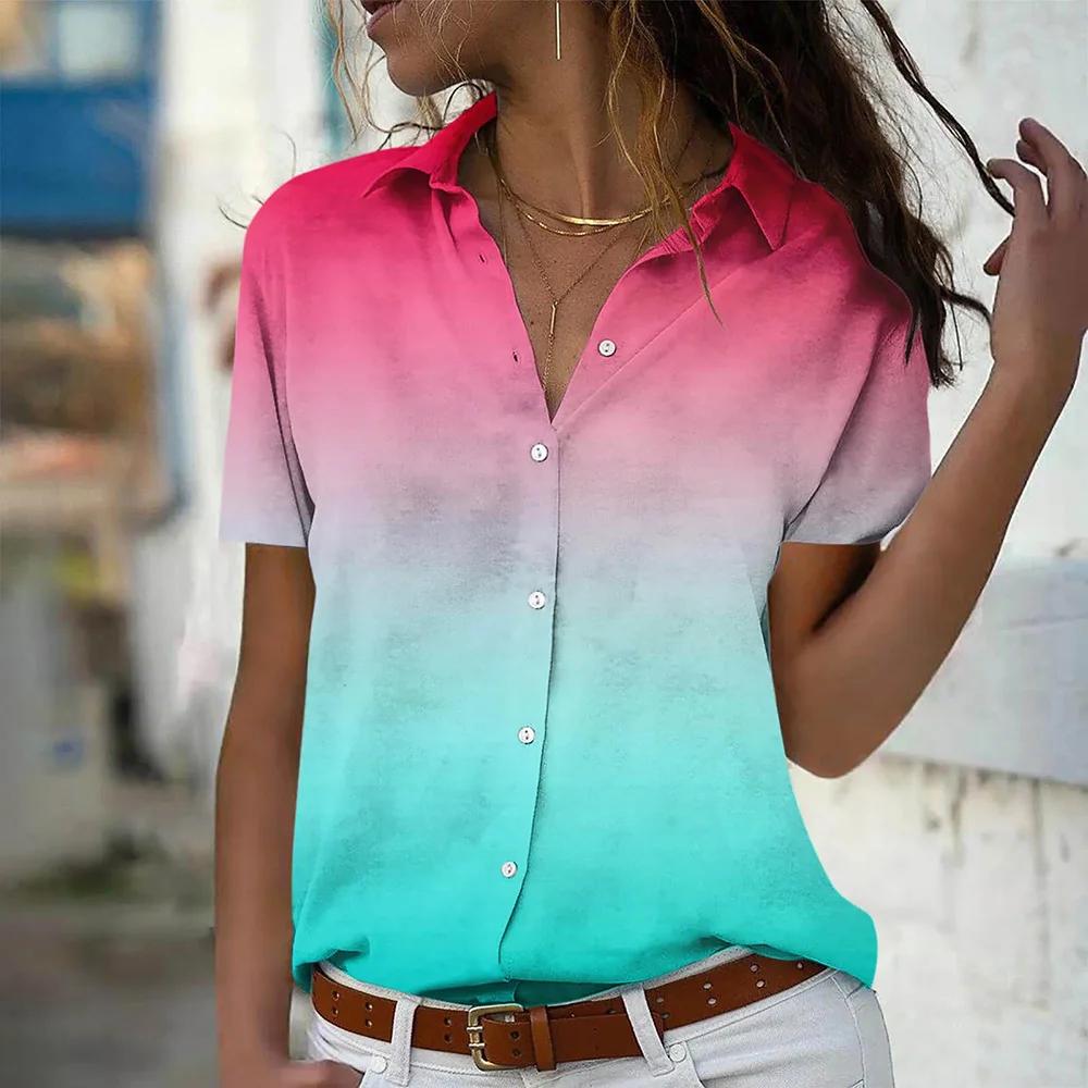 Regenbogen-Gradient 3D-Druck Damenhemden Lässig Revers Knopfleiste Einreihig Knöpfe Hemden Sommer Kurzarm Blusen Oberteile