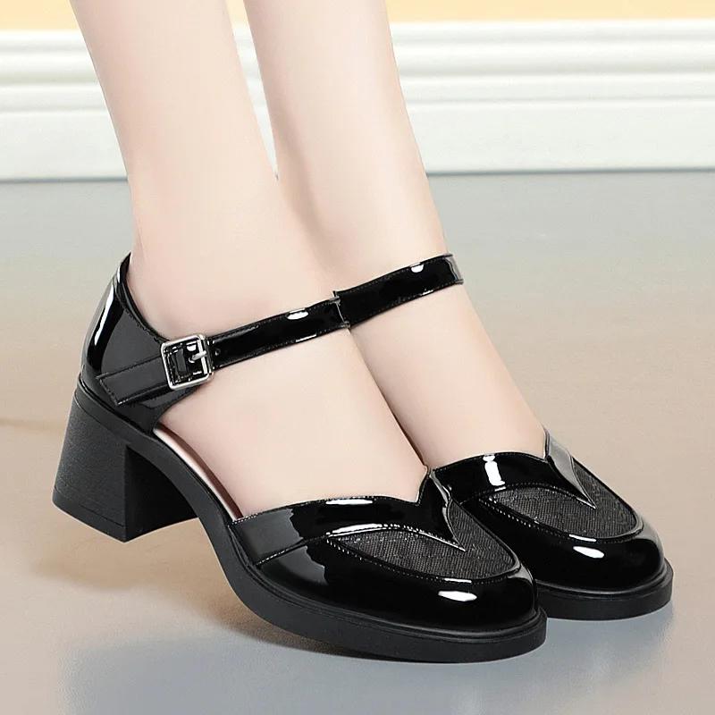 5.5cm Fashion Breathable Mesh Leather Sandals Mary Janes Summer 2025 Close Head Med Heels Sandals Women for Office Mom Girls