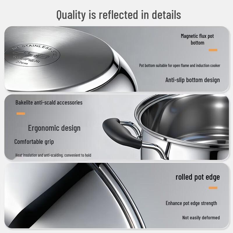 ASD 22cm 304 Stainless Steel Soup Pot