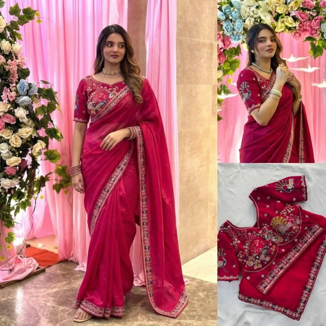 Designer Party Wear Fendy Satin Silk Saree FREE SIZE темно-розовый