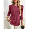 Women Solid Crew Neck Puff Sleeve Long Sleeve Brushed Striped T Shirt Top