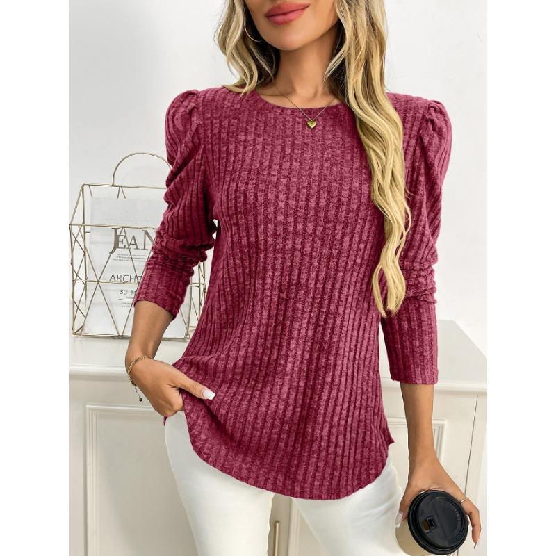 Women Solid Crew Neck Puff Sleeve Long Sleeve Brushed Striped T Shirt Top