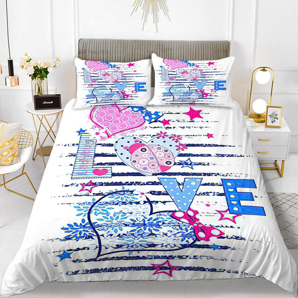 Love Theme Duvet Cover Set King Queen Size Heart Shape Romantic Letters Pink Flower For Kids Girls Couples Polyester Bedding Set