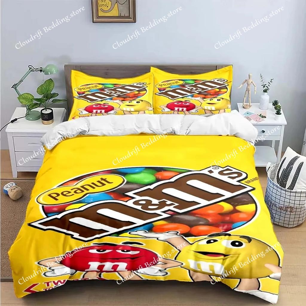 Fashion M&M Chocolate Bean Printed Bedding Sets Exquisite Bed Supplies Set Duvet Cover Bed Comforter Set Bedding Set Luxury Gift